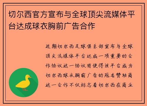切尔西官方宣布与全球顶尖流媒体平台达成球衣胸前广告合作